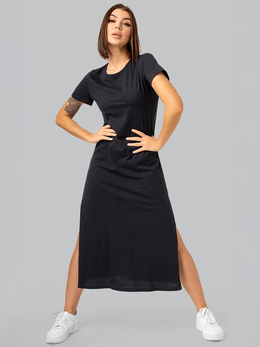 Платье-футболка домашнее длинное с разрезами хлопок