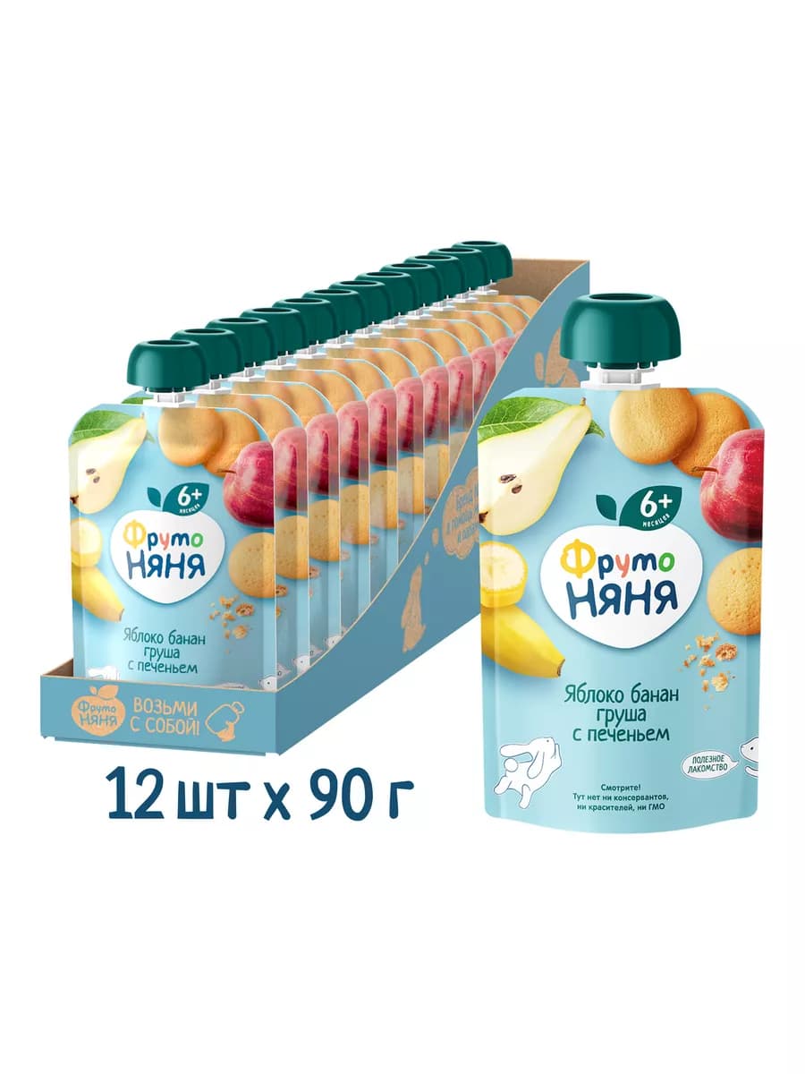 Пюре из яблок, бананов и груш с печеньем, 90г (12шт)
