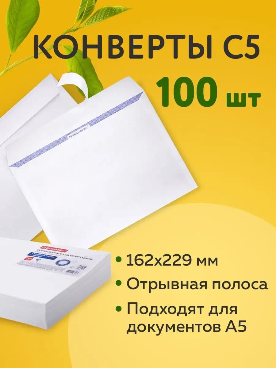 Конверты почтовые бумажные С5 162х229 мм, набор 100 шт