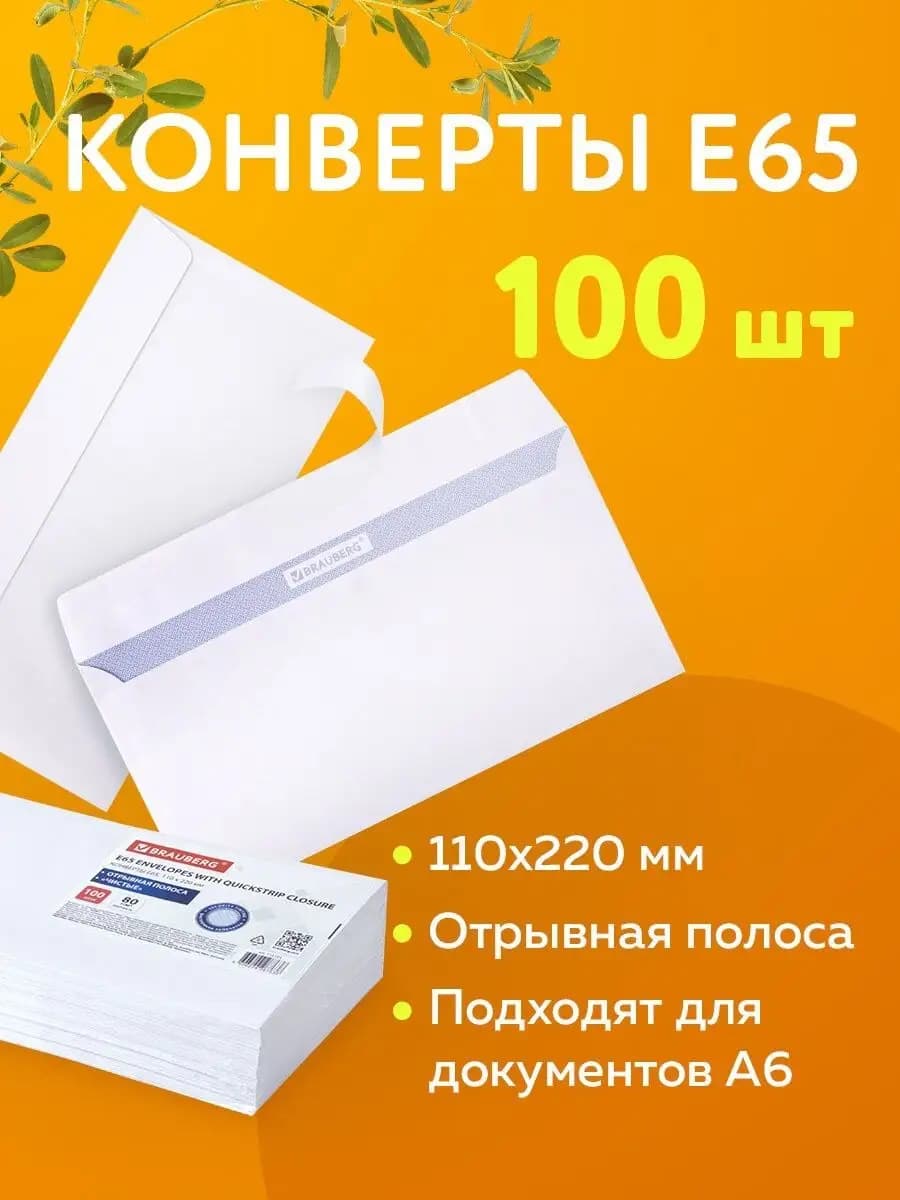 Конверты почтовые бумажные Е65 110х220 мм, набор 100 шт