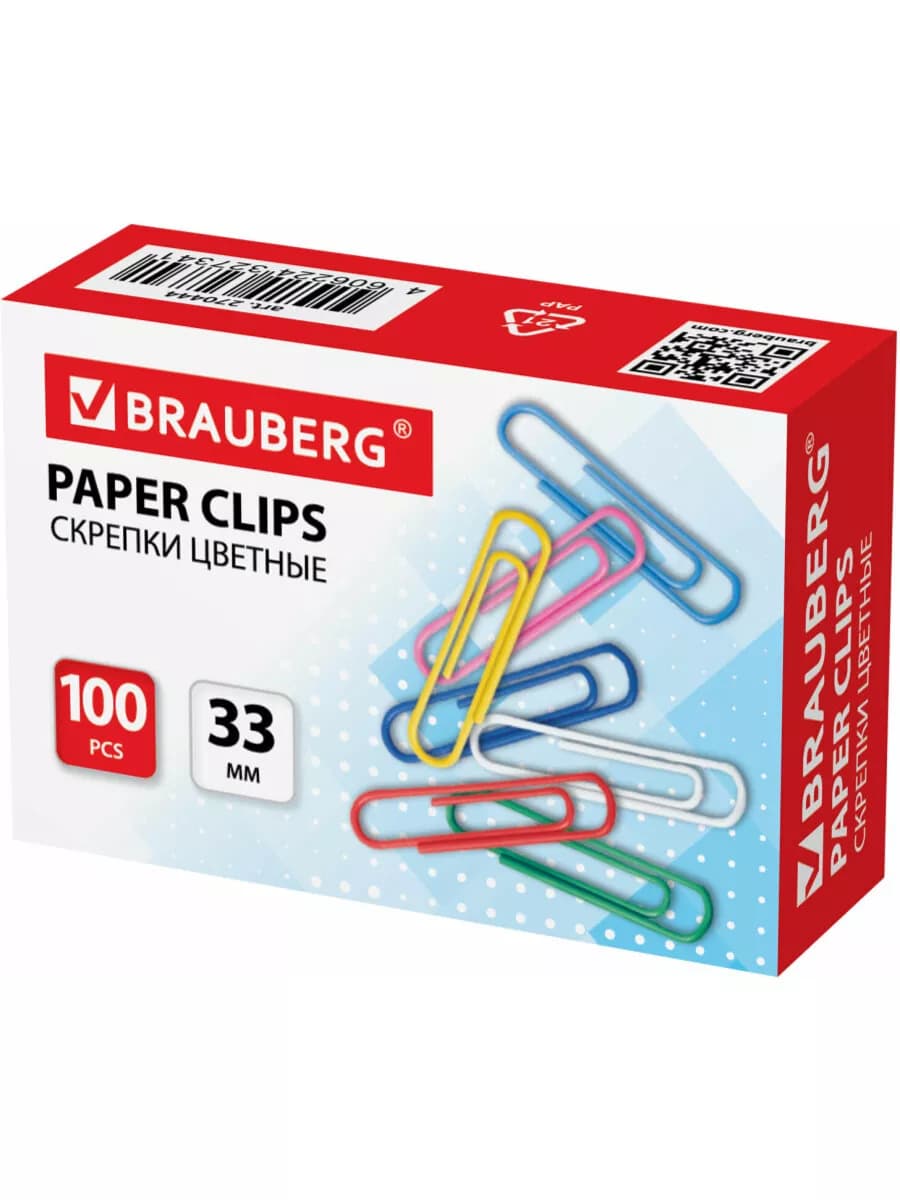 Скрепки канцелярские пластиковые набор 33 мм, 100 шт