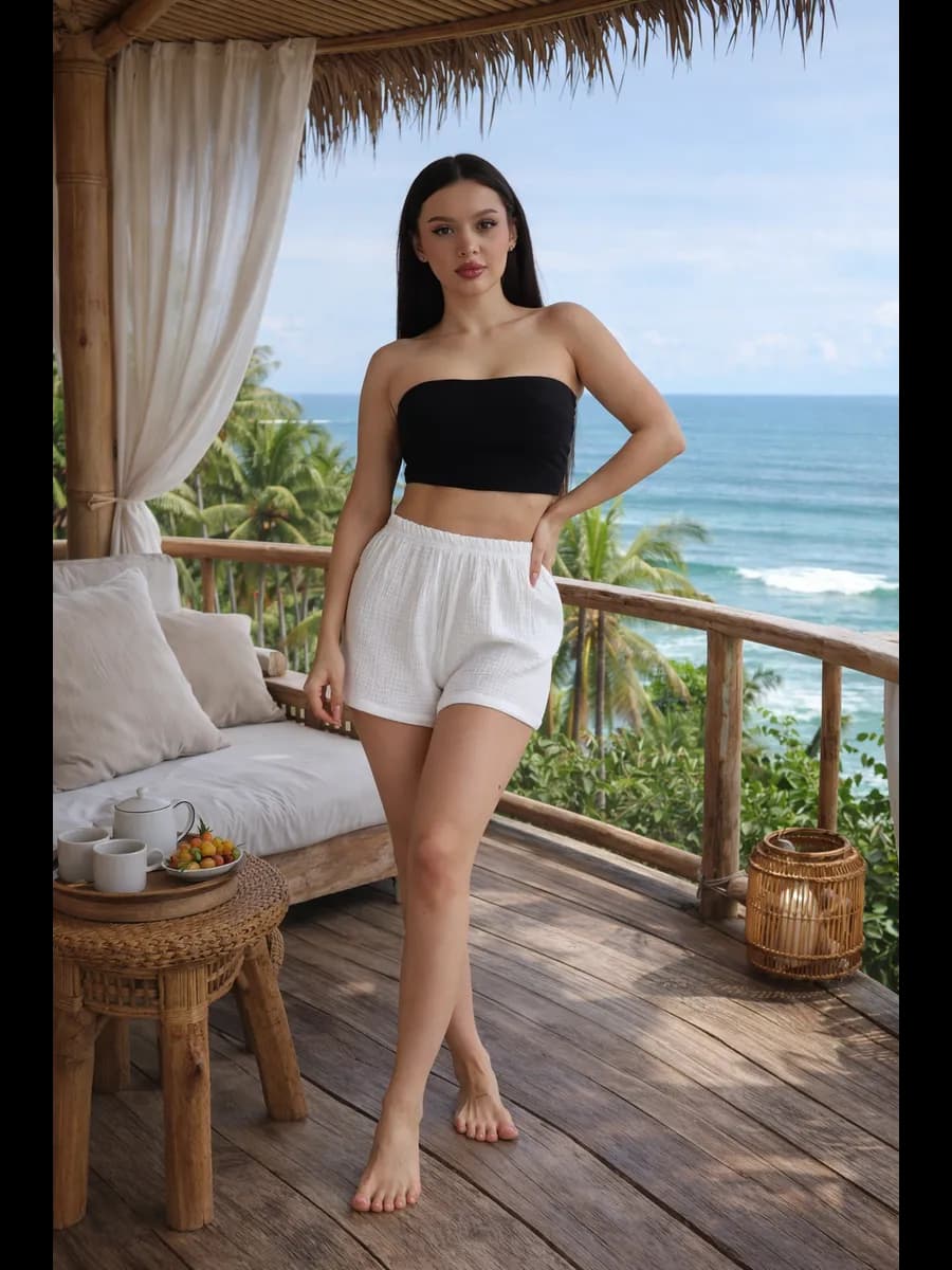 Шорты женские домашние из муслина белые короткие на резинке