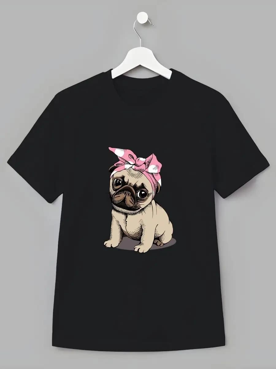 Детская Футболка Мопс Розовый Бант Милый Принт Собака