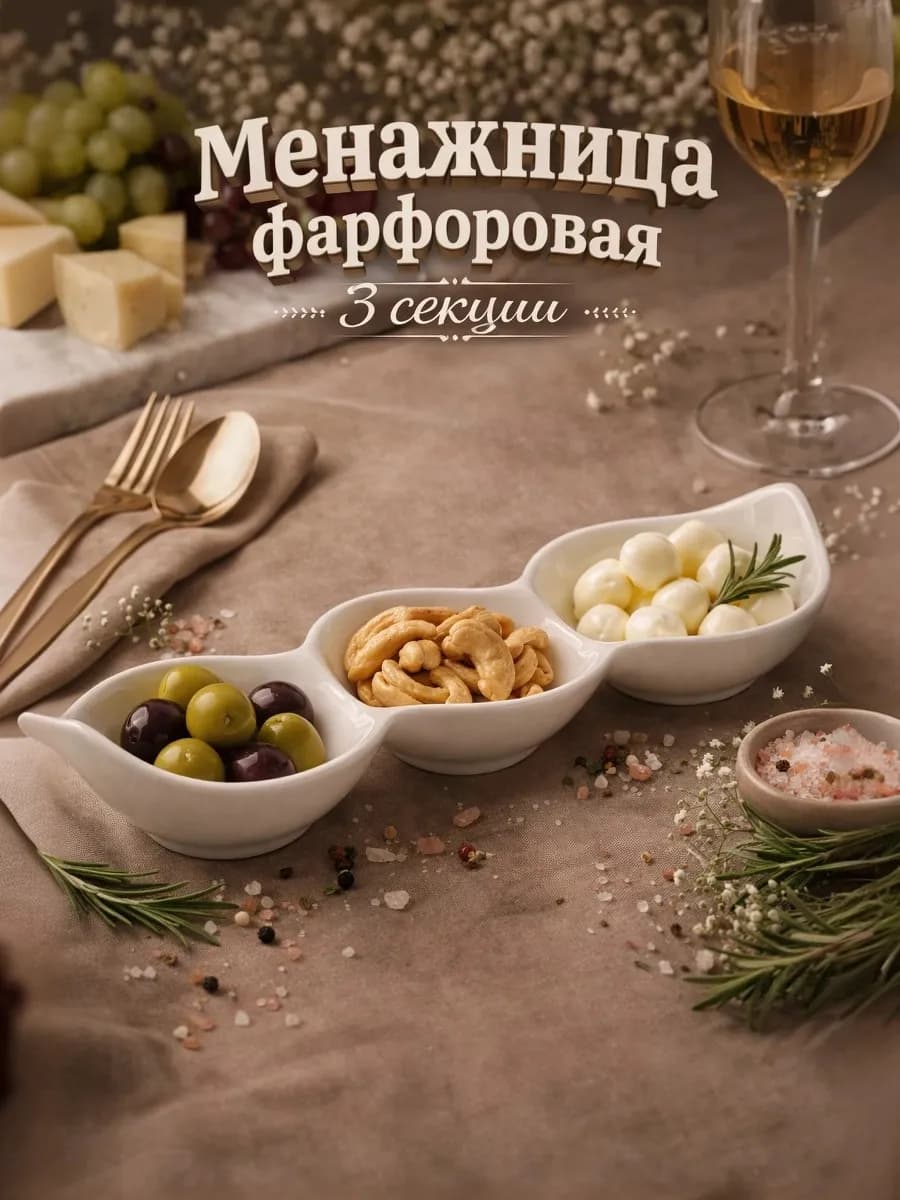 Менажница фарфоровая 3 ячейки, 28×8,5×4,5