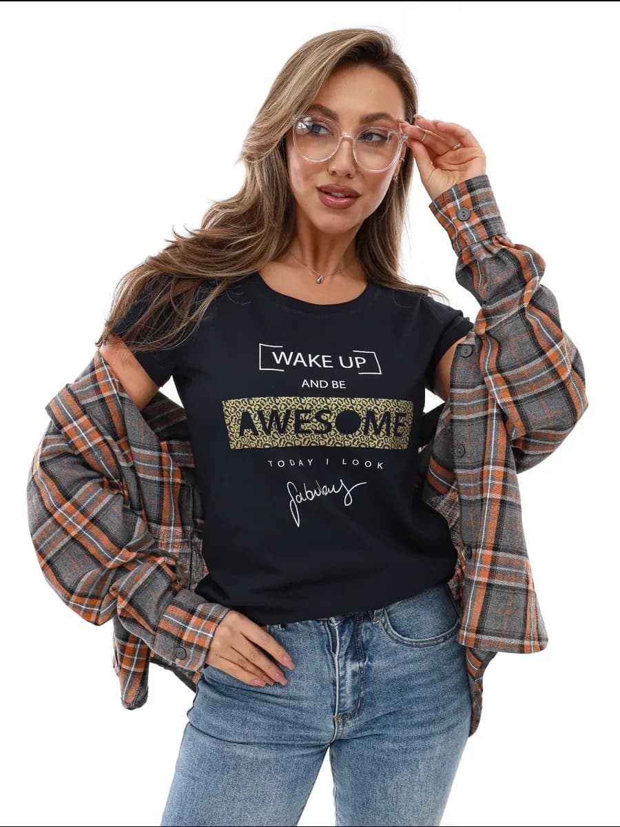 Футболка с принтом темно-синяя 100% хлопок