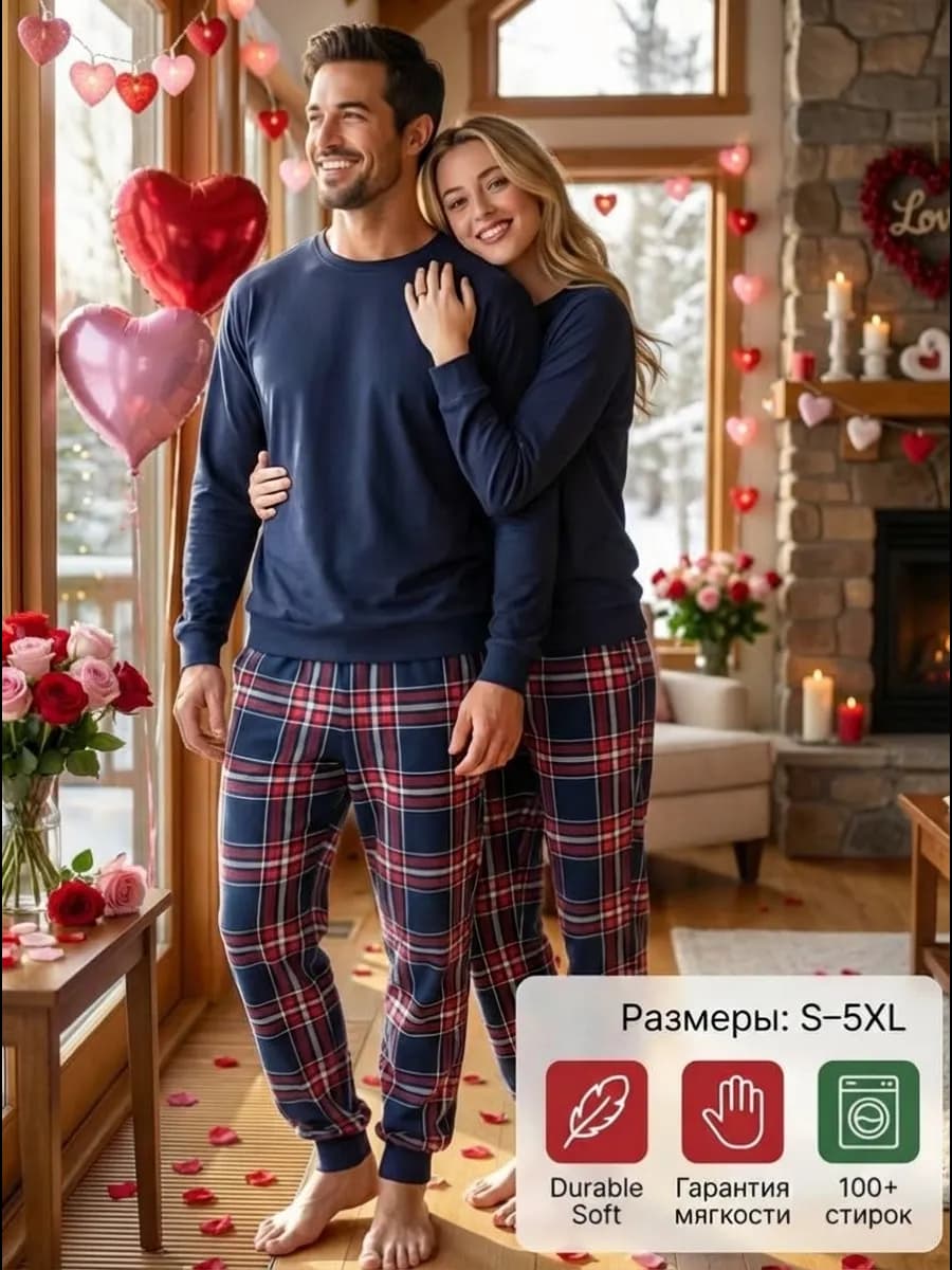 Мягкая парная теплая пижама со штанами в клетку