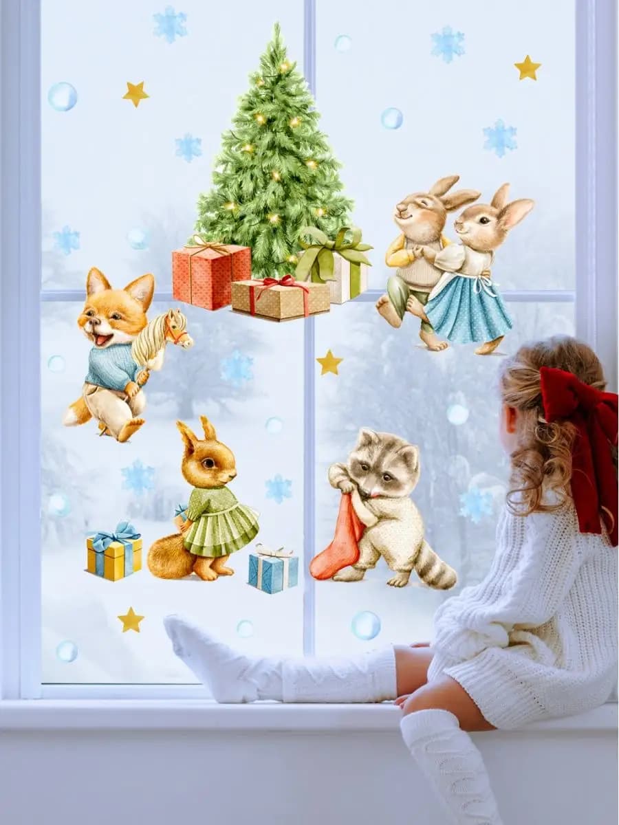 Новогодние наклейки на окна Зайки на елке
