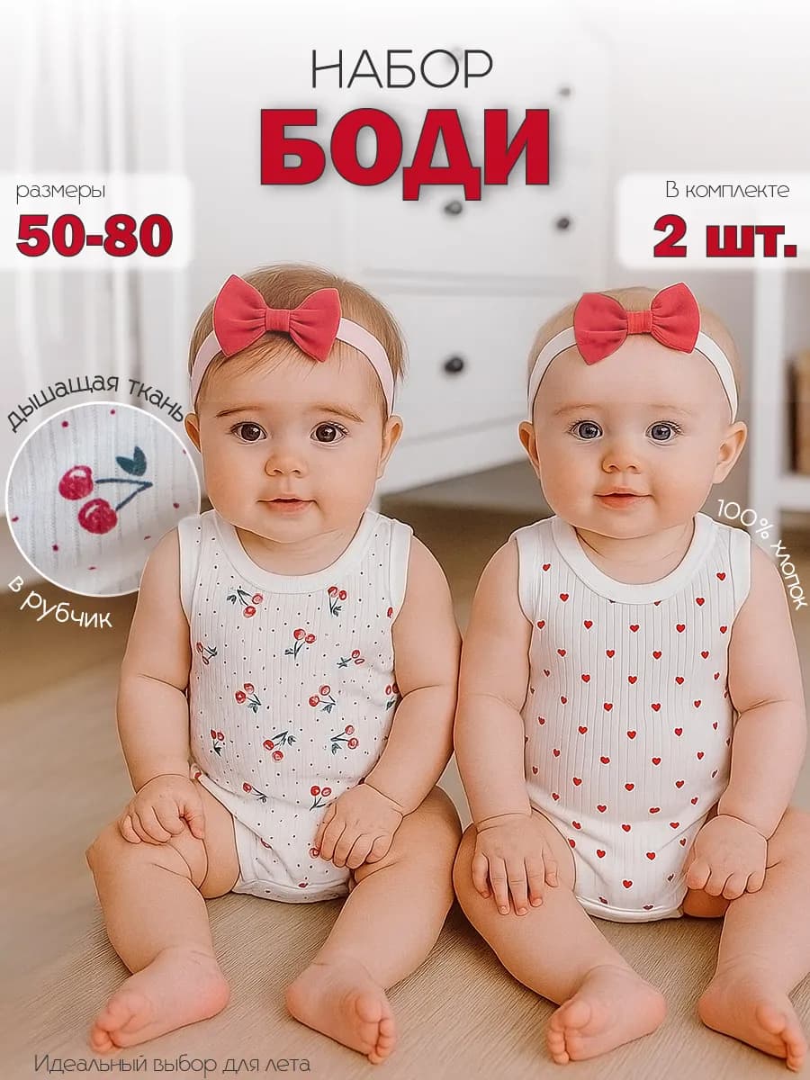 Боди в рубчик для новорожденных без рукавов, комплект 2 шт