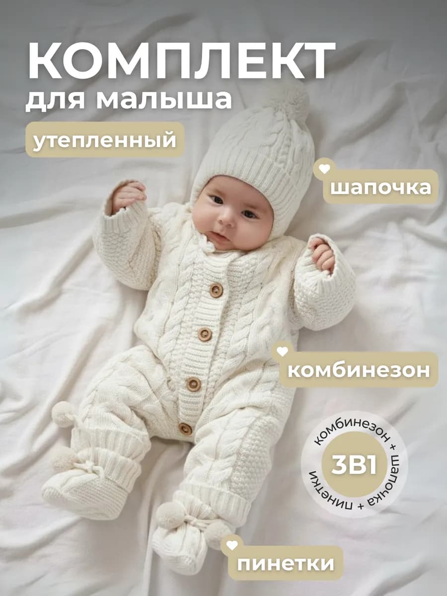 Вязаный комбинезон для новорожденного комплект на выписку