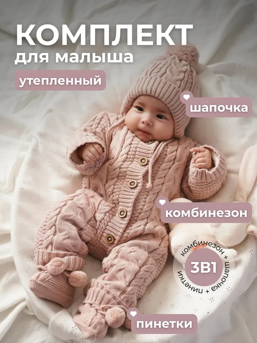 Вязаный комбинезон для новорожденного комплект на выписку