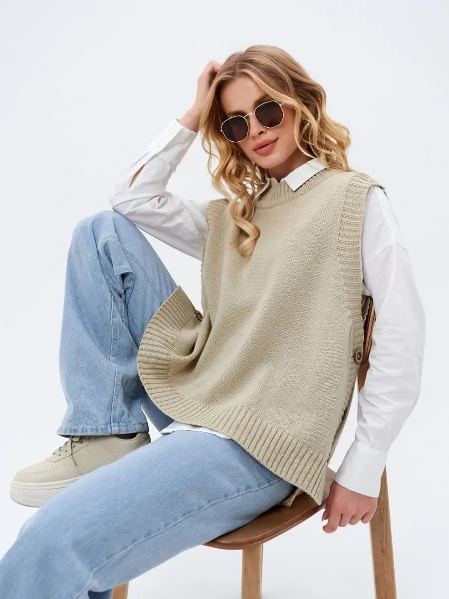 Жилет оверсайз на пуговицах удлиненный трикотажный в офис