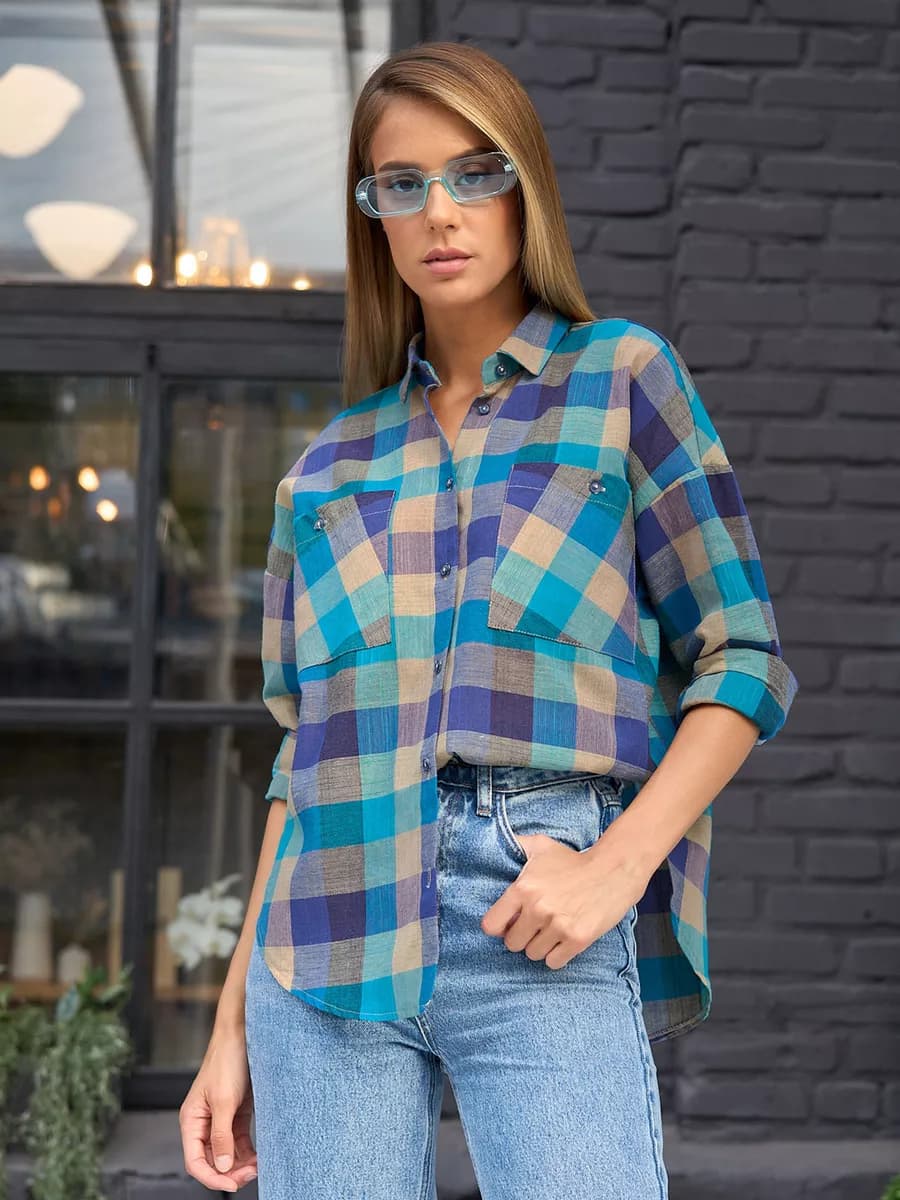 Рубашка оверсайз хлопок в клетку с карманом базовая