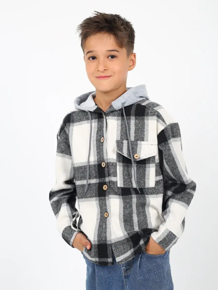 Рубашка в клетку для детей и подростков с капюшоном теплая