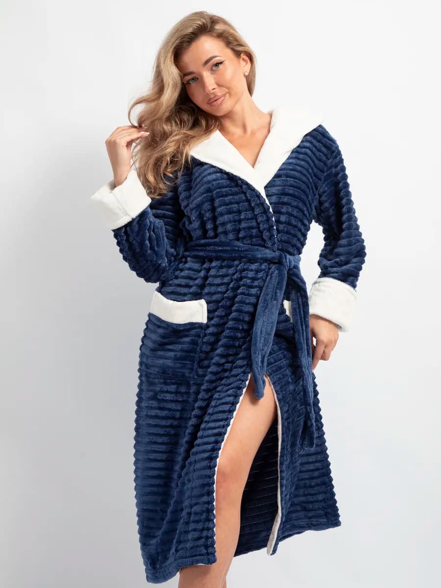 Халат махровый теплый с капюшоном в полоску