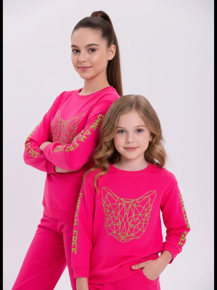 Свитшот для девочек ярко-розовый с неоновым котом