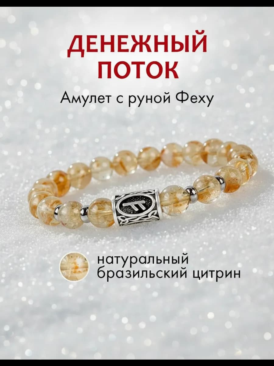 Браслет из натуральных камней с руной Феху