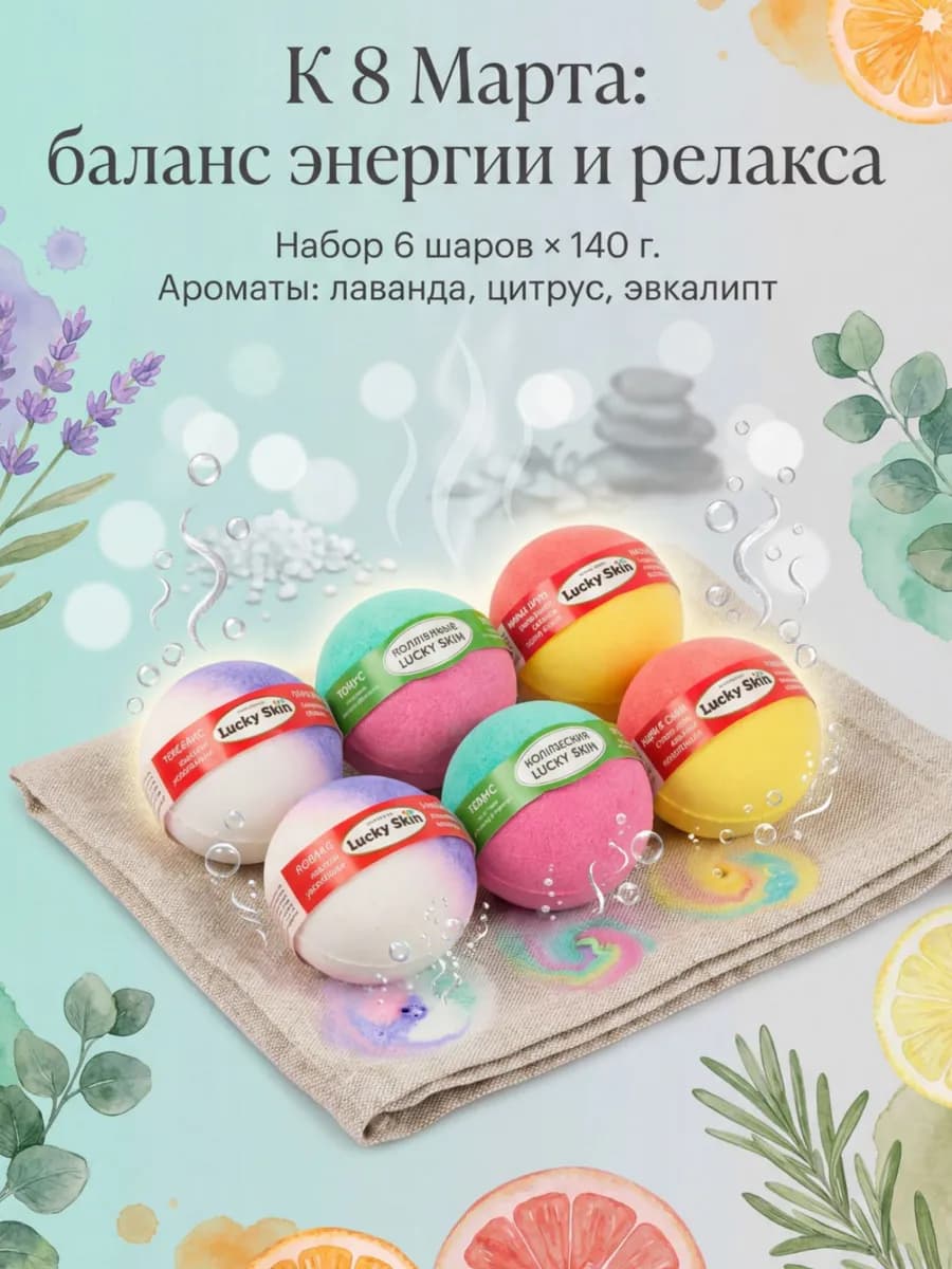 Бомбочки для ванны, набор, 6 штук по 140 грамм