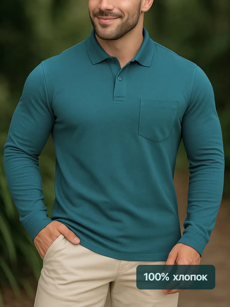 Лонгслив поло с длинным рукавом на пуговицах с карманом