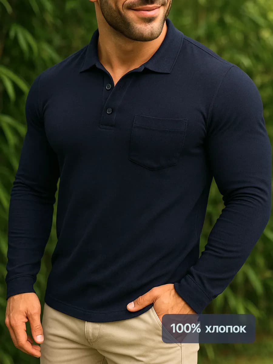 Лонгслив поло с длинным рукавом на пуговицах с карманом