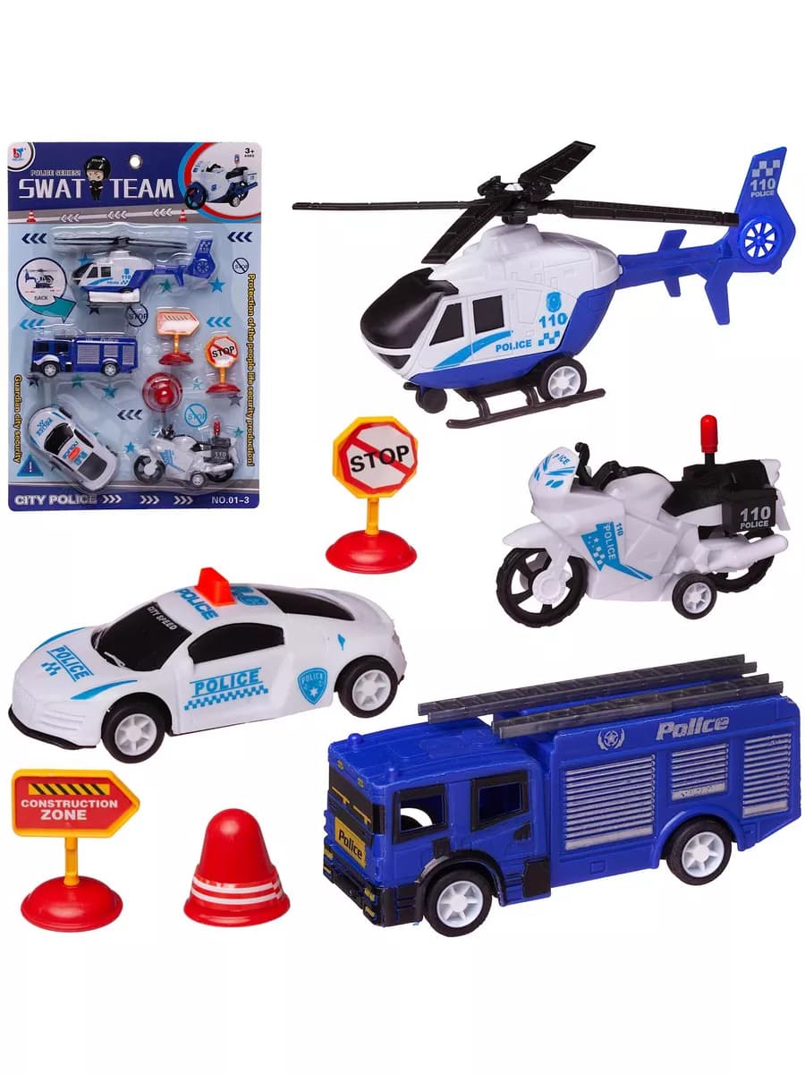 Игровой набор Полиция (2 машинки вертолет мотоцикл и знаки)