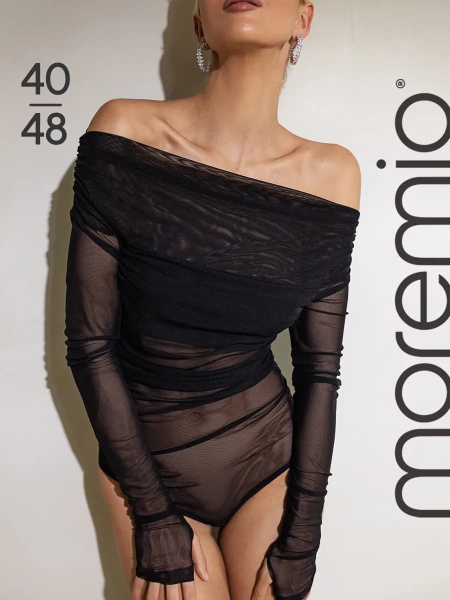 Боди вечернее с длинным рукавом и открытыми плечами в сетку