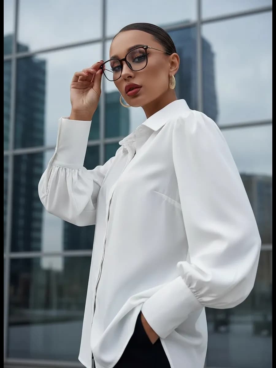Классическая белая блузка рубашка с объемными рукавами