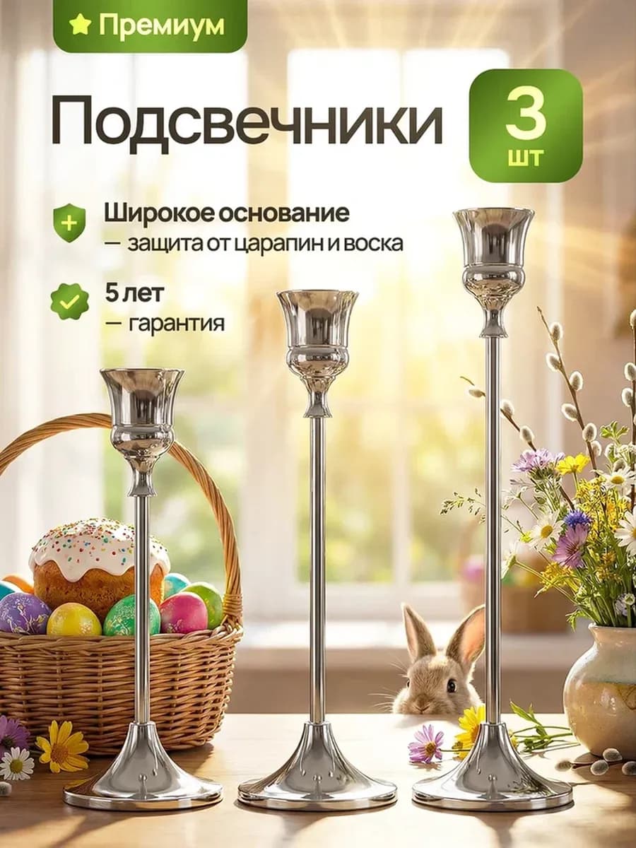 Подсвечники металлические для высоких свечей, набор 3 штуки
