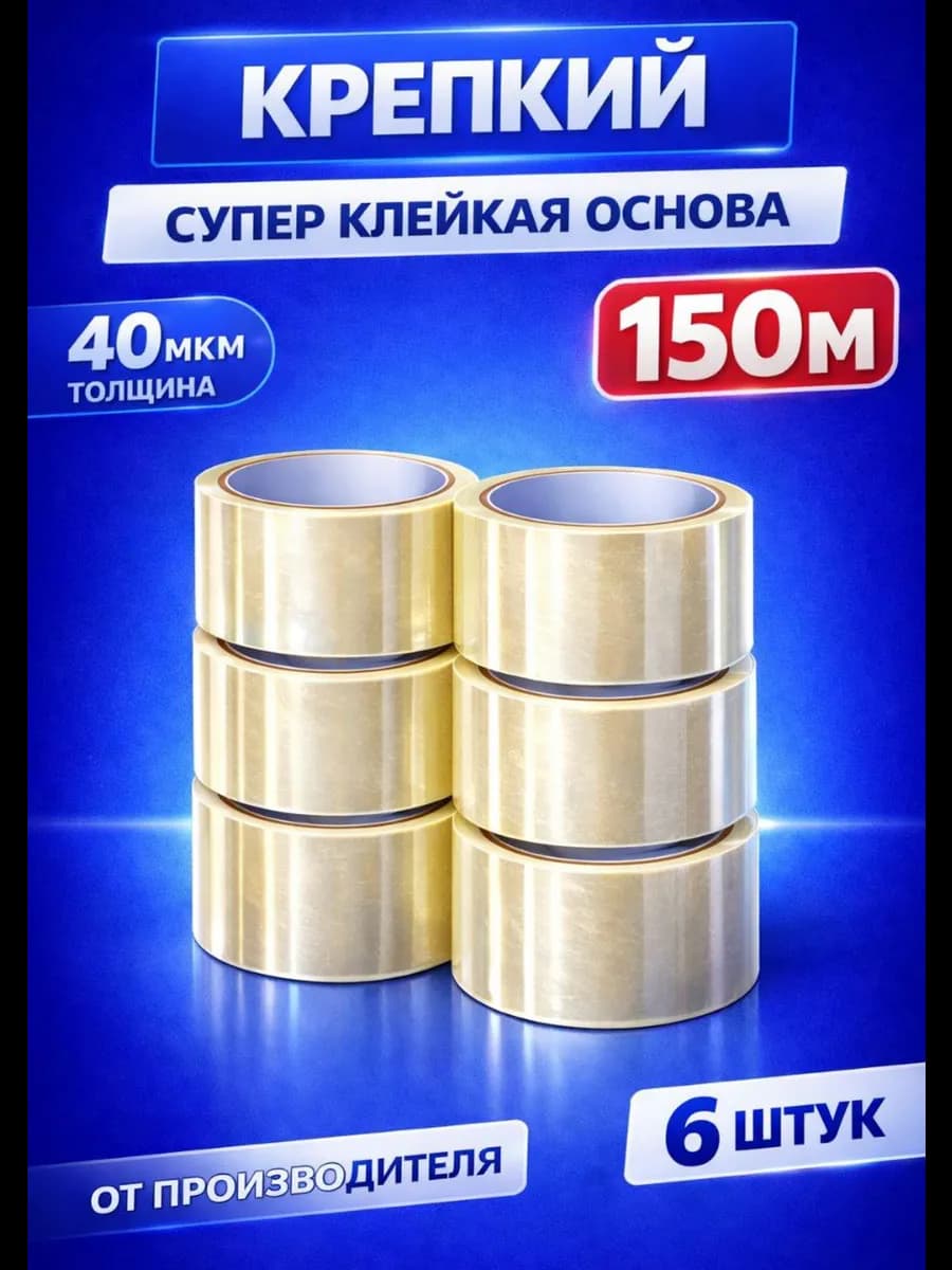 Скотч прозрачный, Клейкая лента 48мм 150м 6 шт