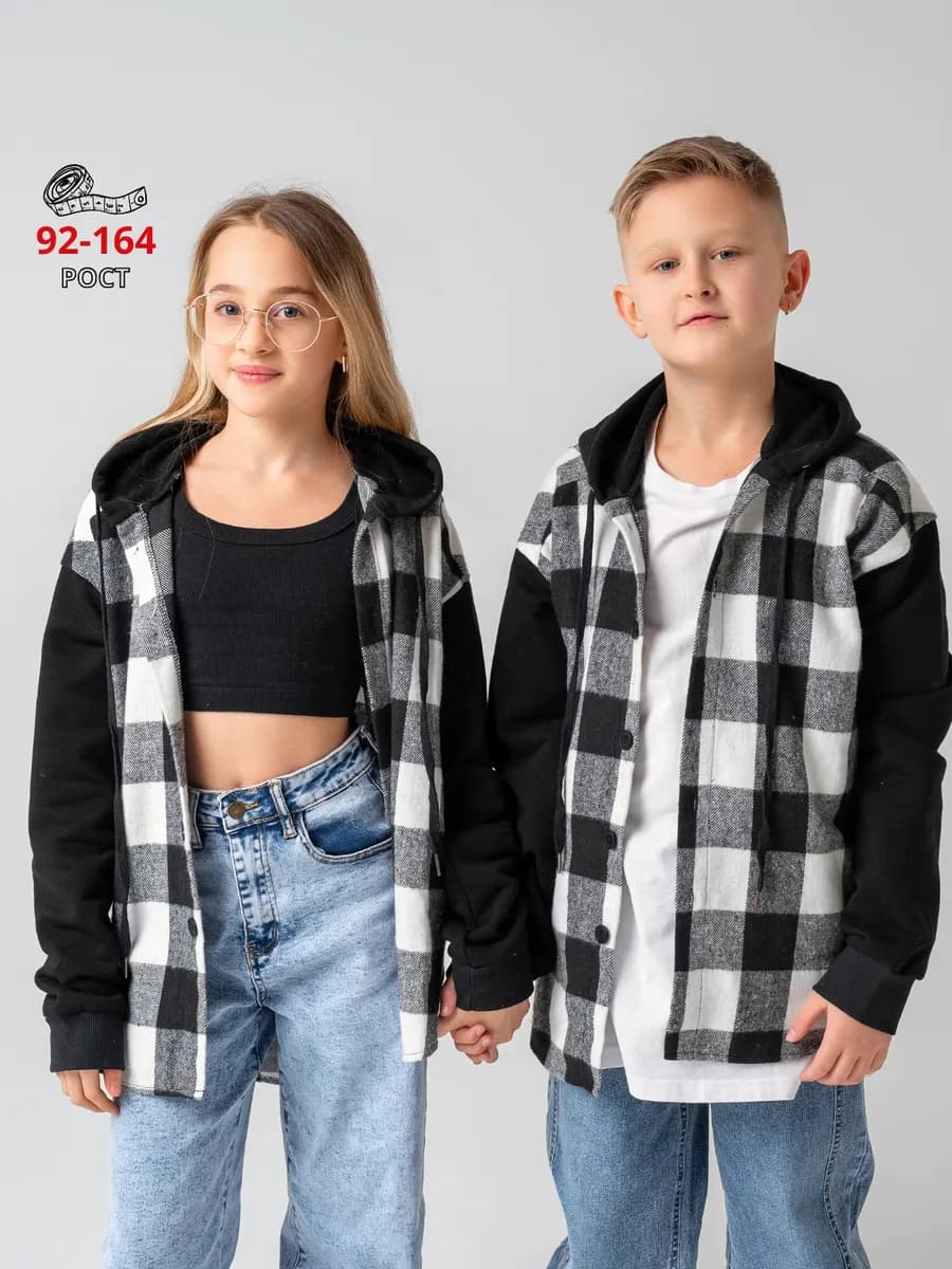 Рубашка в клетку теплая с капюшоном для мальчика и девочки