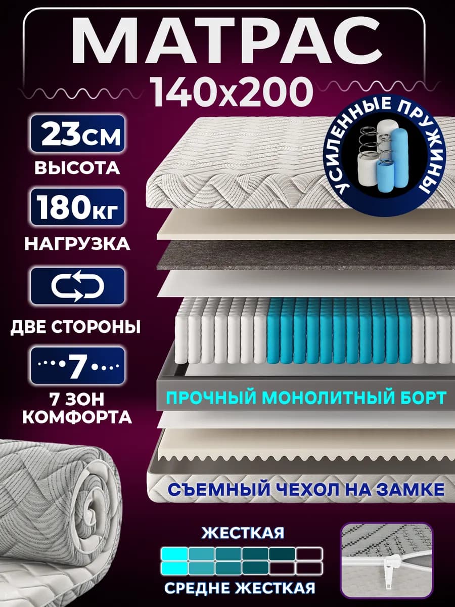 Ортопедический матрас 140х200 на кровать и диван пружинный