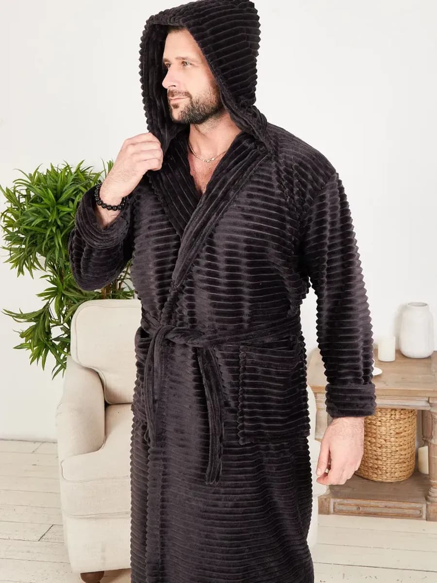 Махровый домашний халат теплый с капюшоном для бани