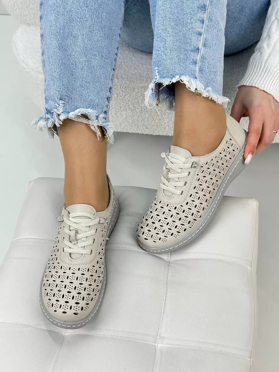 мокасины женские весна-лето кожаные с перфорацией дышащие