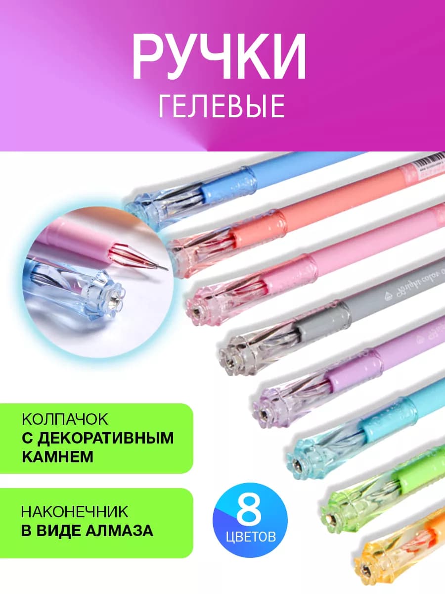 Цветные ручки гелевые, набор 8 шт, тонкие