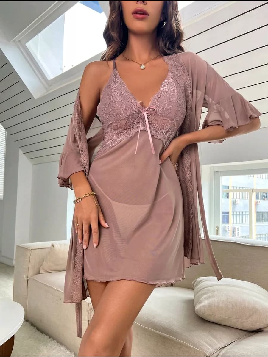 Пижама из нежной сеточки, костюм S - 1822 Какао