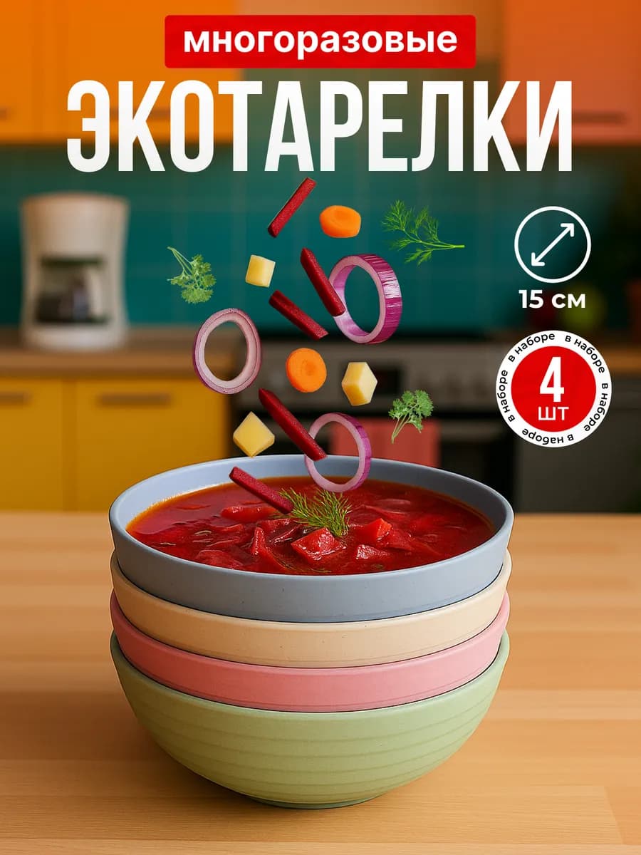 Тарелки пластиковые глубокие 4 штуки в наборе экопосуда