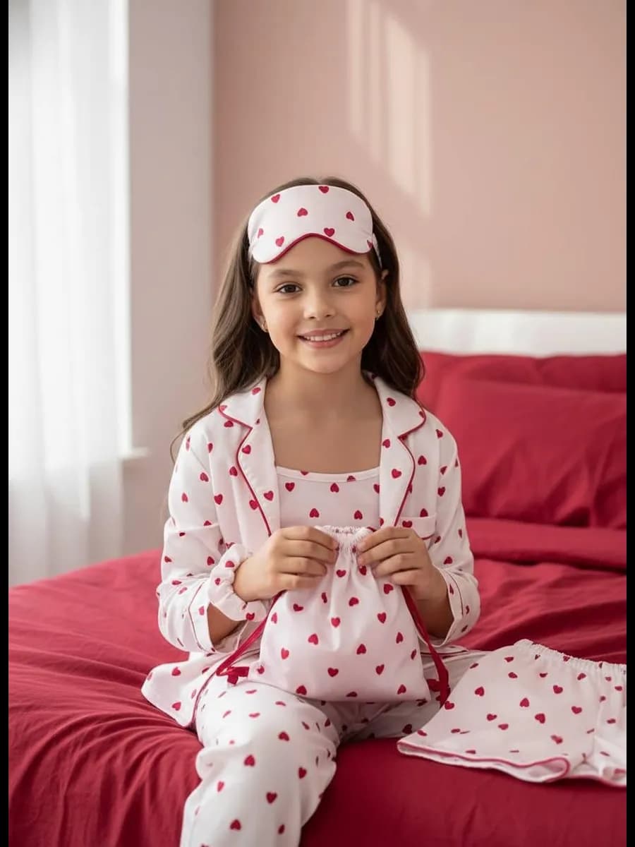 Пижама детская 7 в 1 для девочек шелковая с сердечками