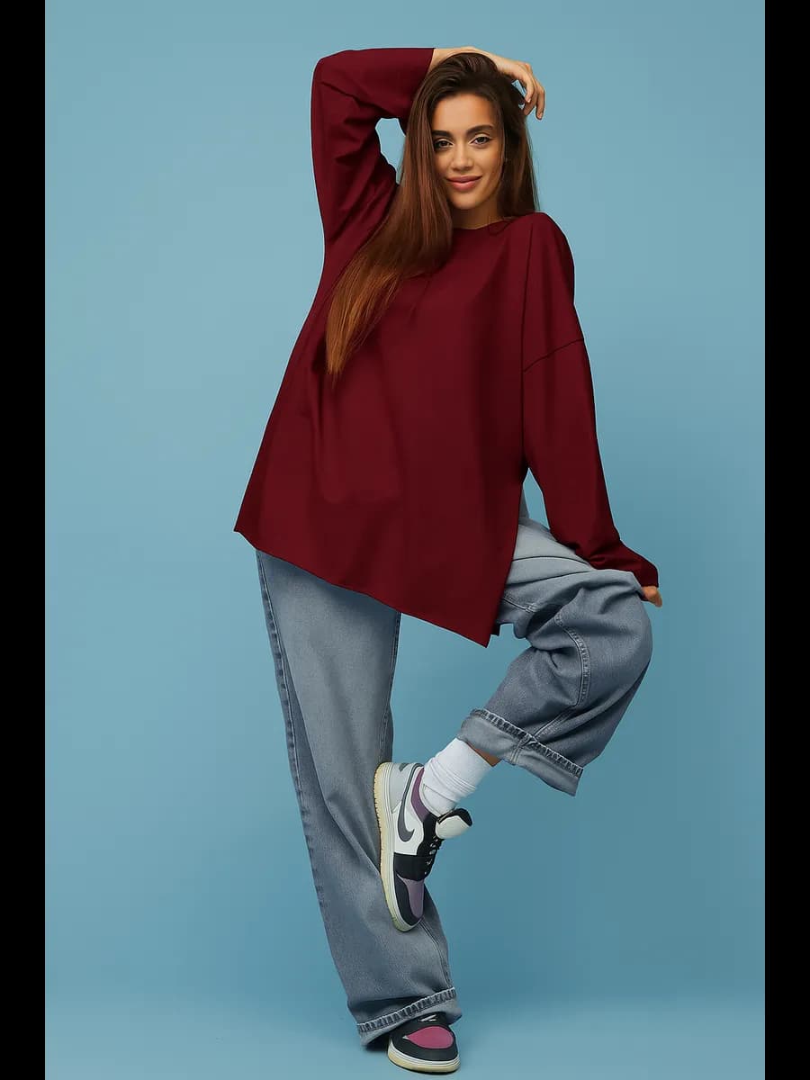 Лонгслив оверсайз однотонный базовый с разрезами