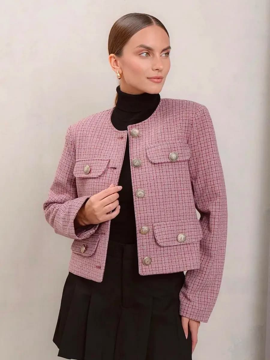 Пиджак укороченный твидовый в клетку жакет old money