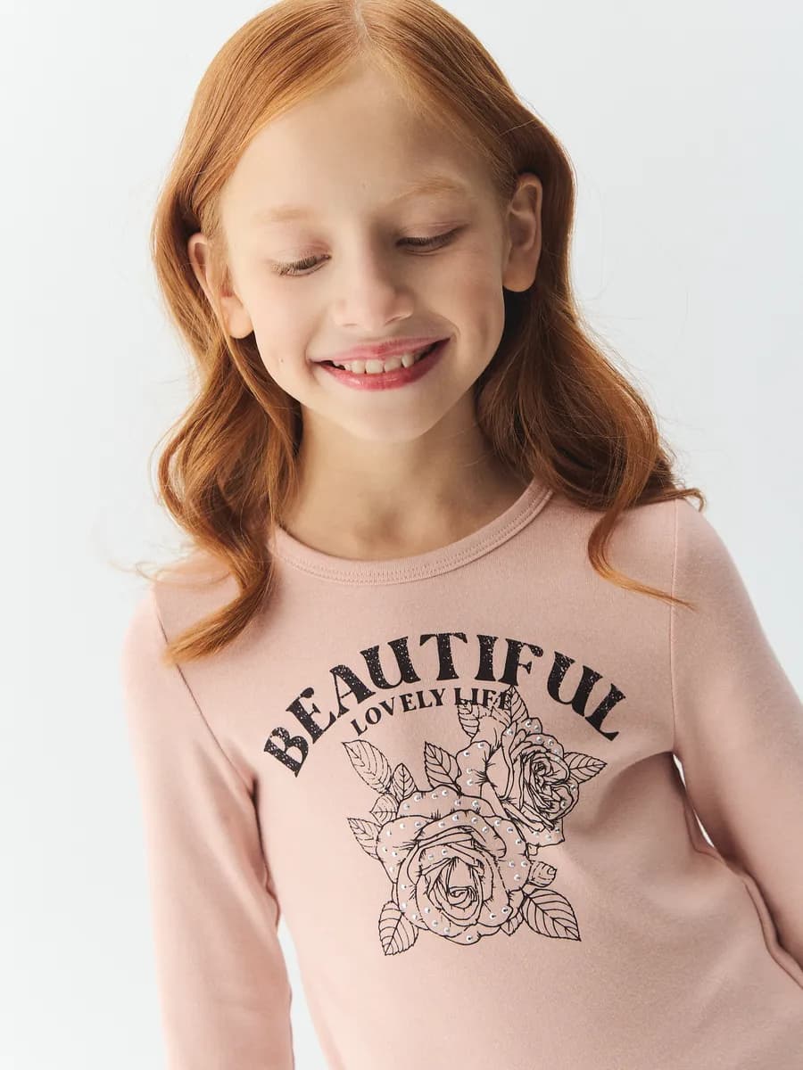 Лонгслив розовый подростковый с принтом оверсайз