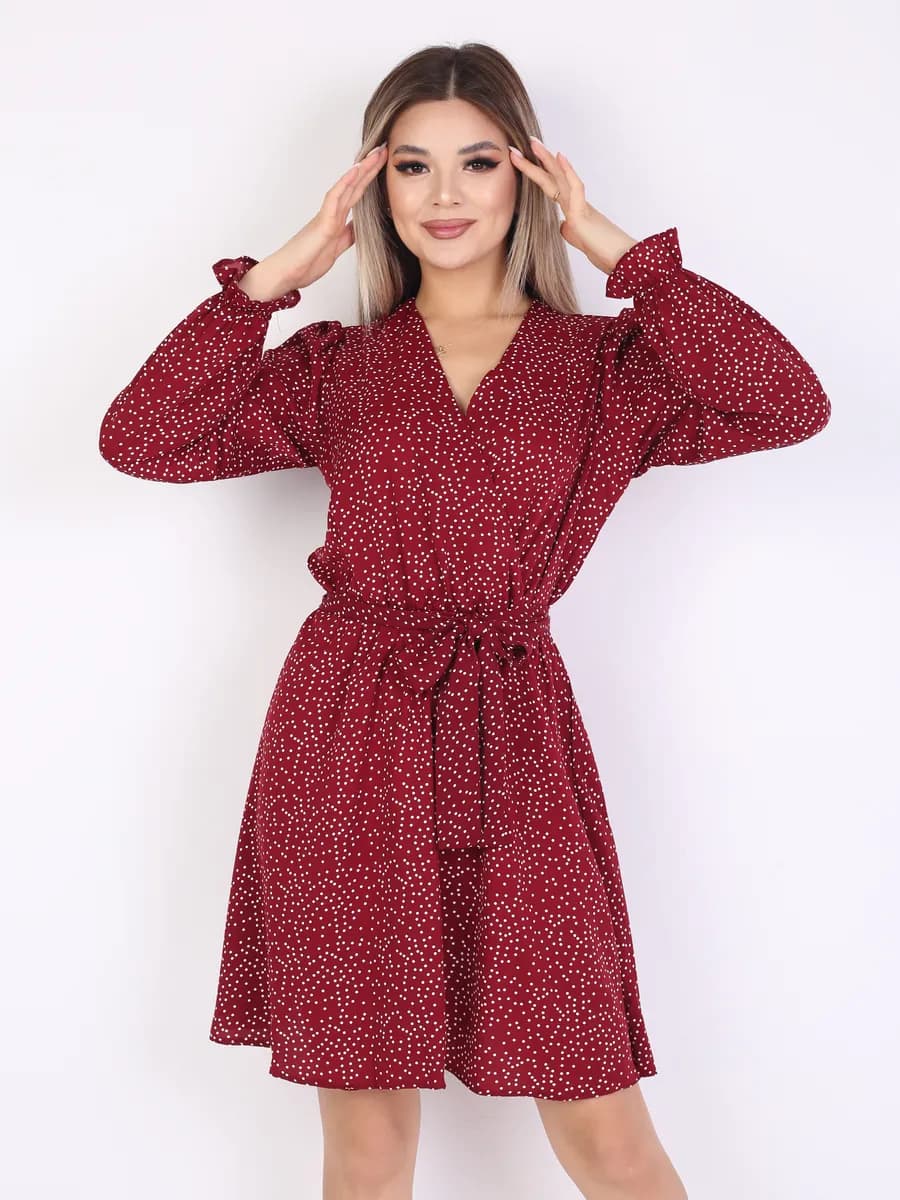 Платье на запах бордовый в горошек