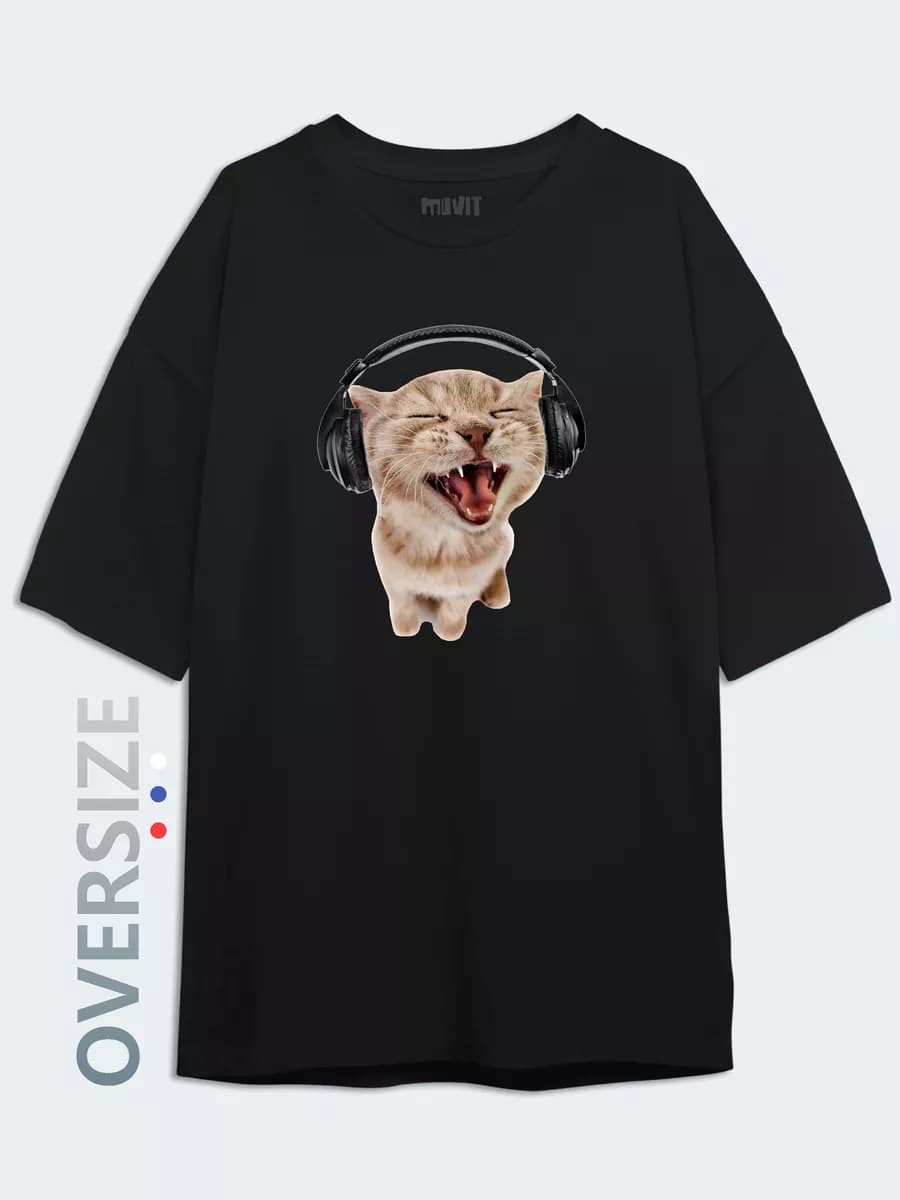 Черная футболка оверсайз мем Котик