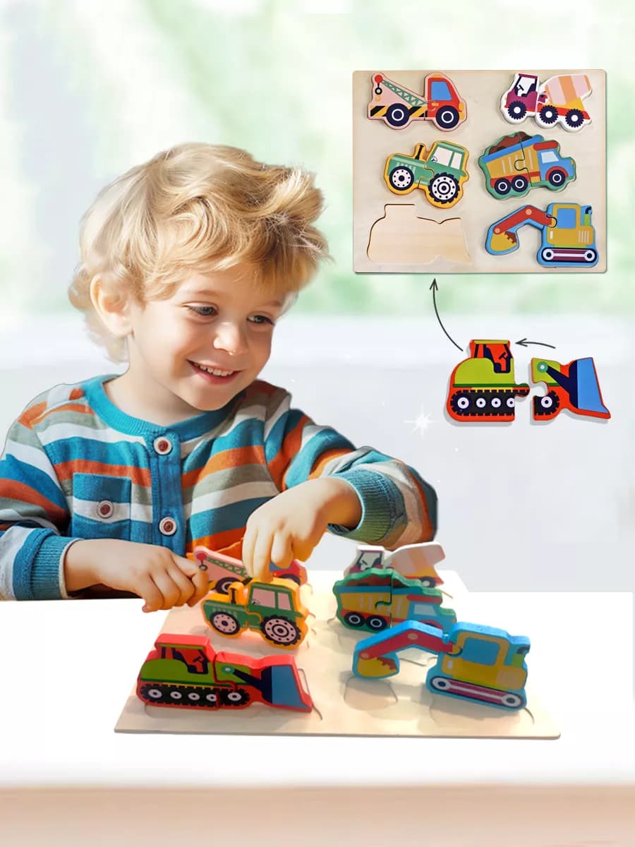 Деревянные 3D-пазлы для детей. Строительные машины