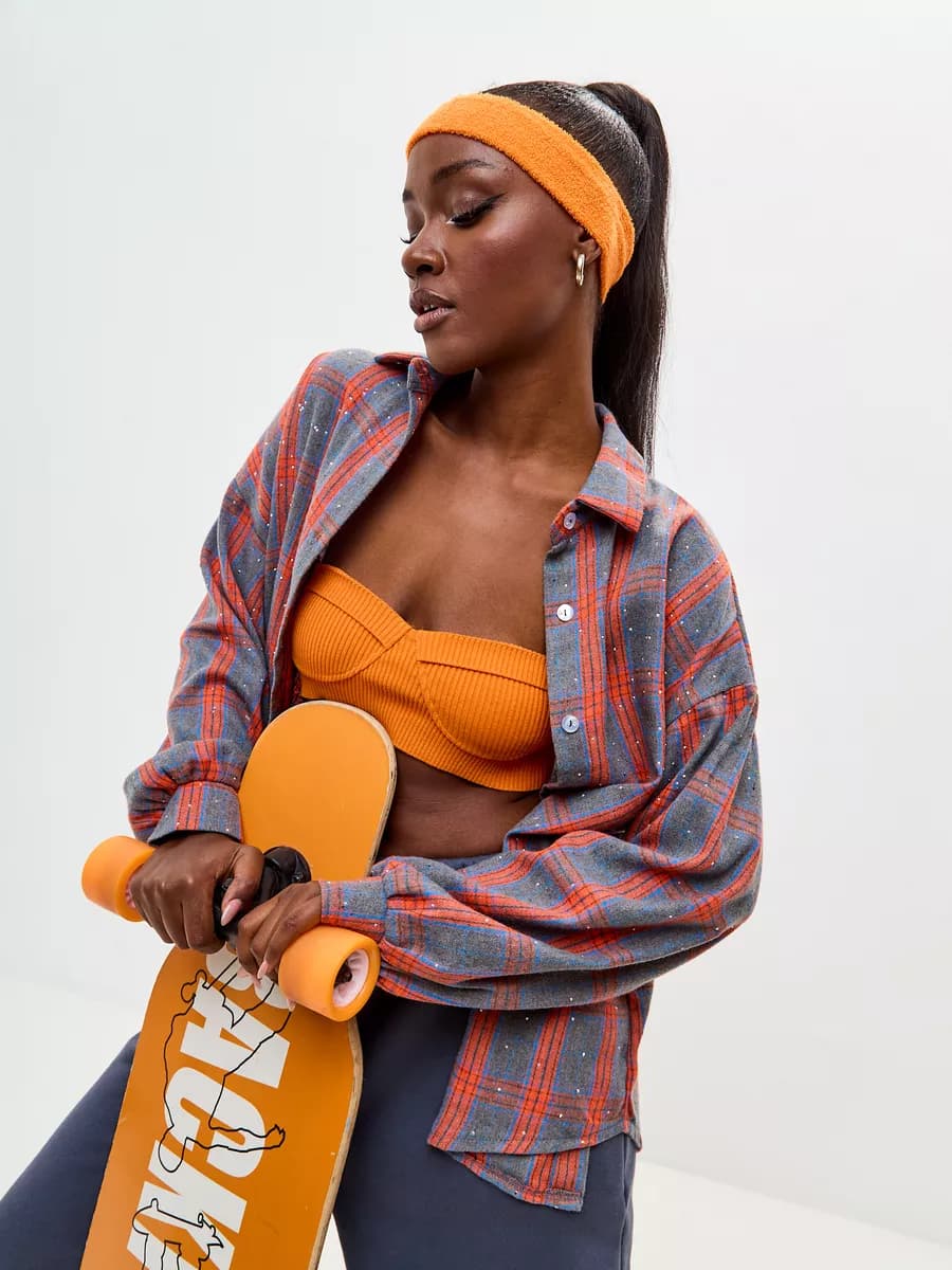 Рубашка в клетку оверсайз со стразами