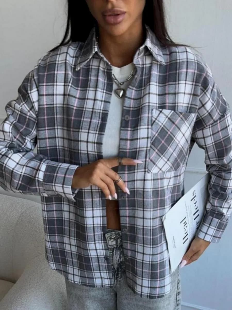 Рубашка в клетку оверсайз удлиненная теплая