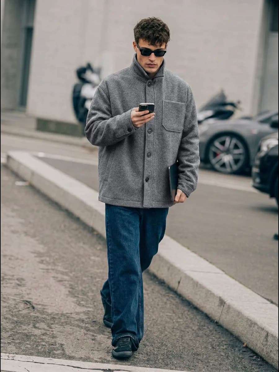 Пальто мужское короткое демисезонное оверсайз серое