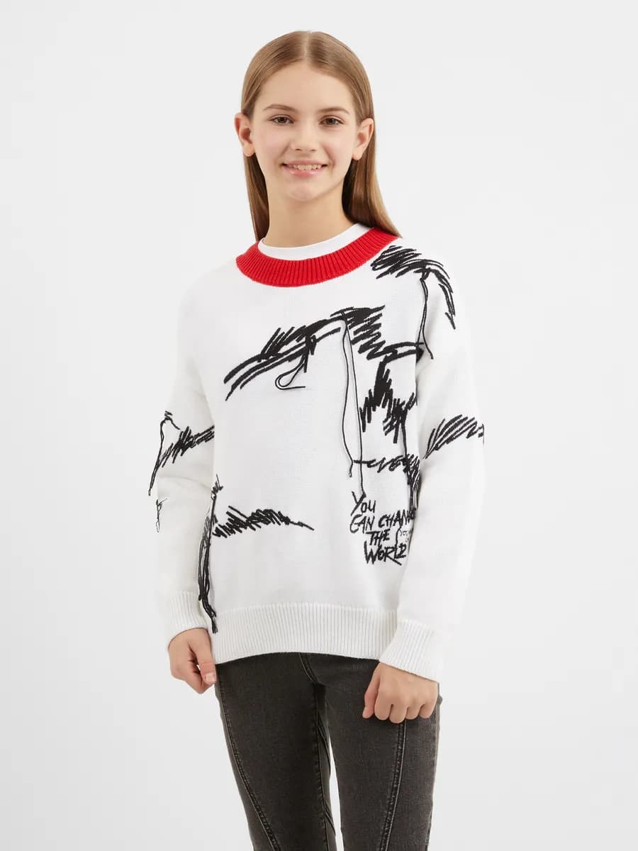 Джемпер оверсайз вязаный белый для девочки