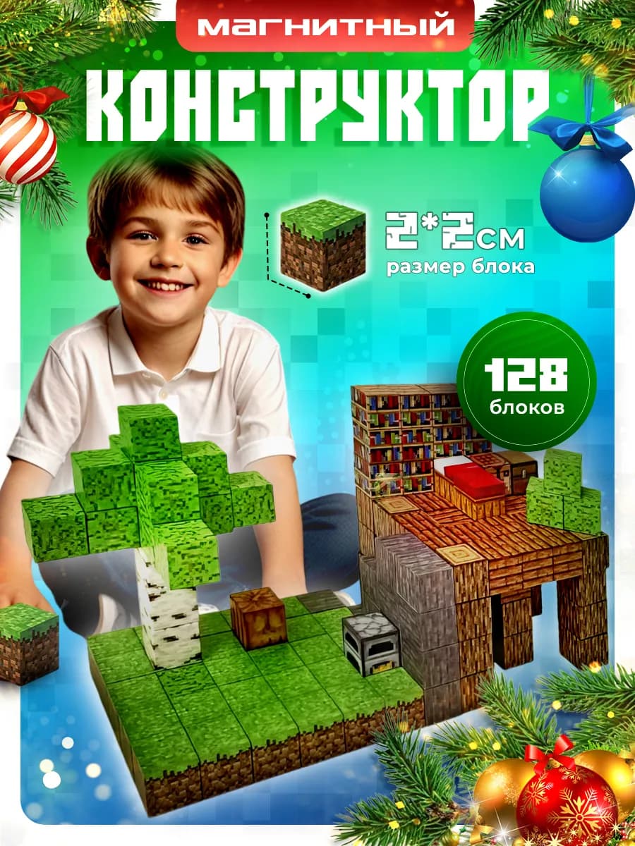 Магнитный конструктор Майнкрафт кубики 128 деталей