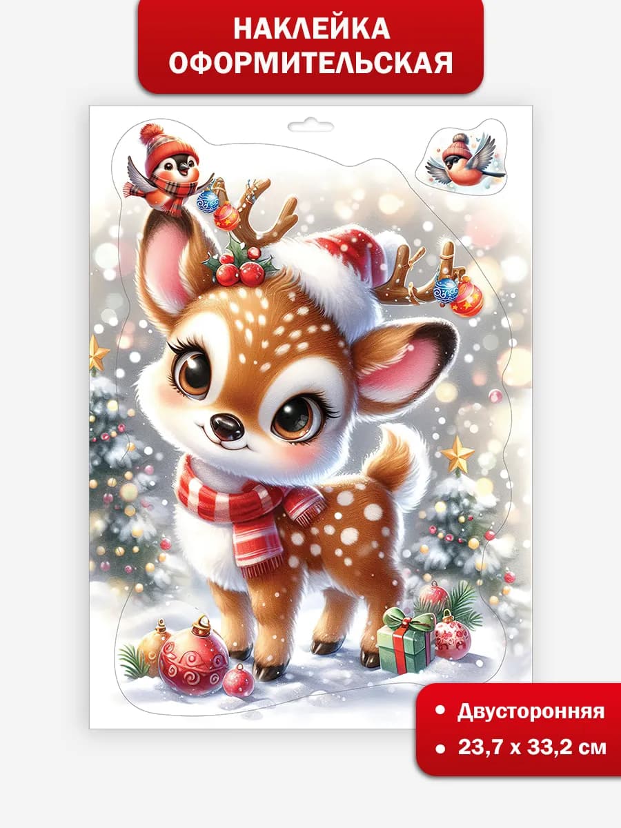 Двусторонняя новогодняя наклейки на окно оформление в школу