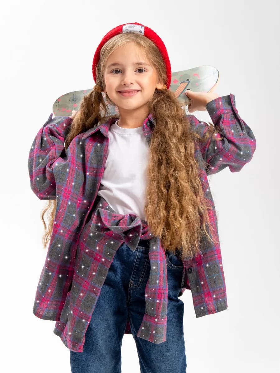 Рубашка в клетку со стразами теплая