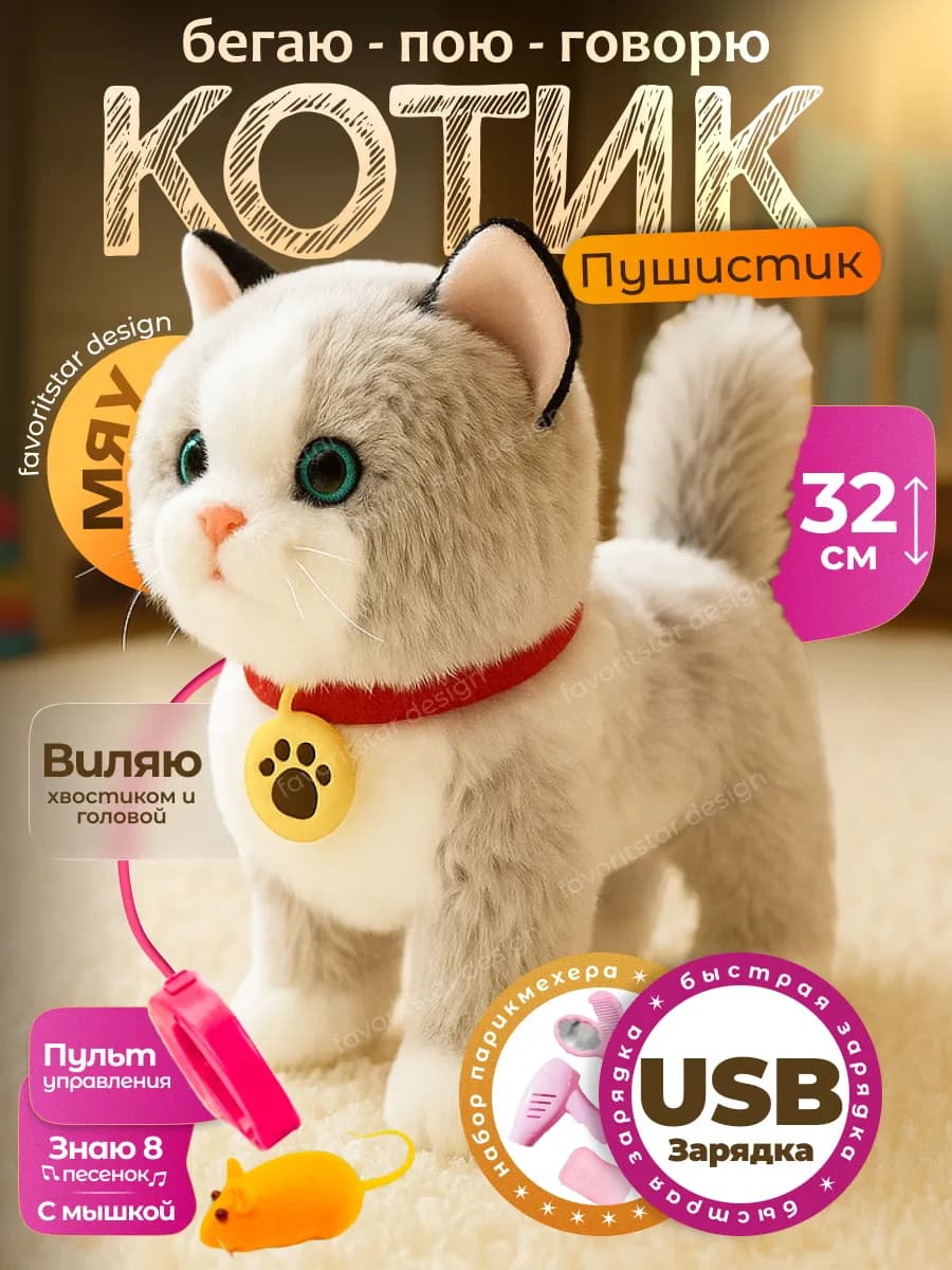 Интерактивная игрушка умный котенок на поводке